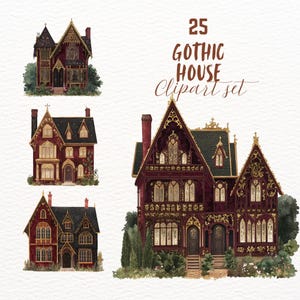 May include: A set of 25 digital clipart images featuring gothic style houses with intricate details. The houses are painted in shades of red, black, and gold with ornate windows and doors. The clipart is perfect for creating invitations, cards, and other digital projects.