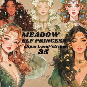 Ensemble lunatique de cliparts princesse elfe des prés, sticker numérique wicca, elfes mignons, charmante herboristerie, png, scrapbooking wicca, botanique
