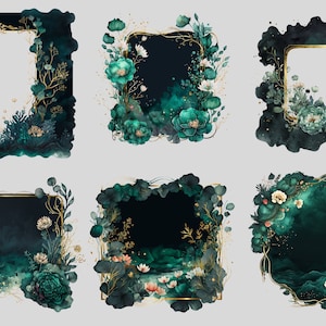 May include: Six digital illustrations of ornate gold frames with green floral and foliage designs. The frames are set against a dark green background with a watercolor effect.