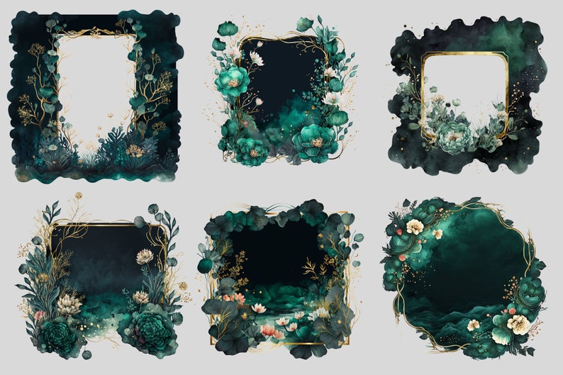 May include: Six digital illustrations of ornate gold frames with green floral and foliage designs. The frames are set against a dark green background with a watercolor effect.