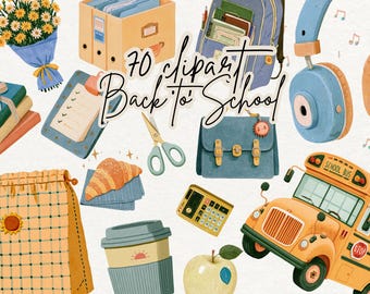 Back to School Clipart, Classic First Day PNG, Cherry Red and Notebook Blue School Supplies, GoodNotes Stickers, Scrapbooking Graphics