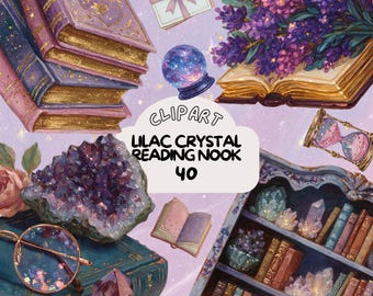 lilac crystal library fantasy Clipart bundle vintage sticker set goodnote stickers transparent png journaling scrapbooking fairycore graphic