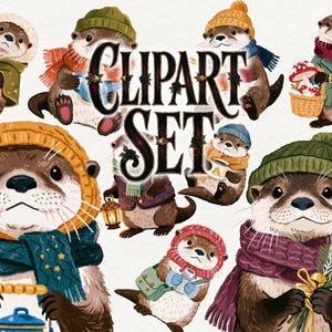 Könnte beinhalten: Ein digitales Illustrations-Clipart-Set mit mehreren Ottern, die Winterkleidung wie Strickmützen und Schals tragen. Die Otter sind in verschiedenen Posen dargestellt, einige halten Gegenstände wie Laternen, Pilzkörbe und Teekessel. Der Text "CLIPART SET" ist in der Mitte des Bildes in einer dunklen, dekorativen Schriftart zentriert.