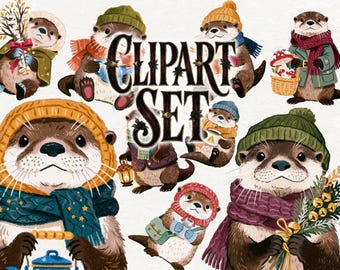 River Otter Clipart PNG, Cozy Winter Otter, Woodland Animal Clipart, Cottagecore Winter, Cute Snowy Otter, Digital Download