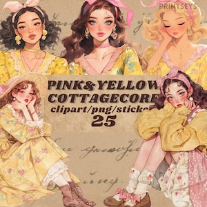 Cottagecore roze en geel meisje digitale stickers, zomerse esthetische journaling, gezellige png, grillige feeënsticker, transparant, scrapbooking