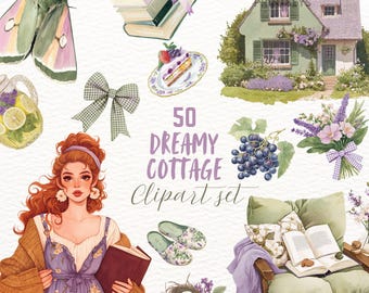 Watercolor Cozy Cottage Clipart, Cottagecore Clip Art, Rustic ClipArt, Planner Stickers, Vintage PNG, Digital Download, Commercial Use