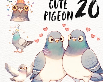 Cute Pigeon party Watercolor Clipart Set Nursery Birds Digital Stickers, kawaii Pigeon  PNG, Planner Graphic Instant Download Commercial