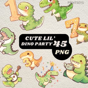 adesivi digitali kawaii dino party, png festa di compleanno dinosauri, clipart carino dinosauro, bundle clipart carino animale t rex, commerciale