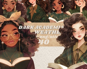 Aquarel Dark Academia fashion sticker bundel, png, soft girl academia sticker set, mysterie, fantasy clipart set, herfst winter vibes