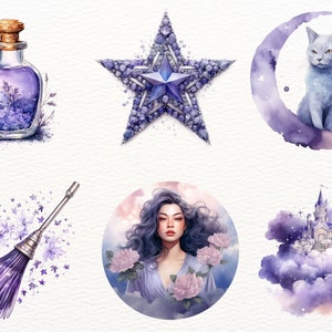 May include: A set of watercolor illustrations featuring a purple potion bottle, a star, a crescent moon with a cat, a purple broom, a woman with long purple hair, and a castle in the clouds.