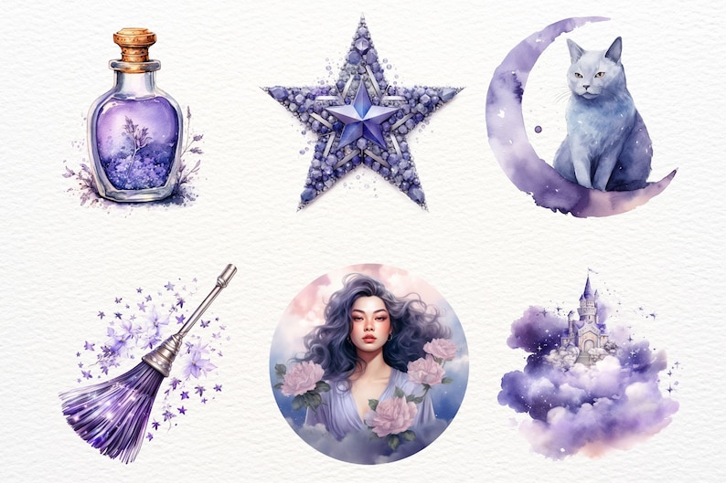 May include: A set of watercolor illustrations featuring a purple potion bottle, a star, a crescent moon with a cat, a purple broom, a woman with long purple hair, and a castle in the clouds.