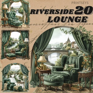 Pacchetto di clipart lounge accogliente con vista sul fiume dell'acquerello, angolo di lettura estivo, adesivo digitale istantaneo, lettura, libri, vecchi soldi vintage png