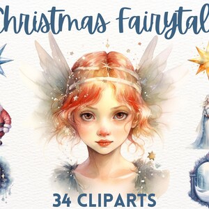 Pacote de clipart de conto de fadas de Natal em aquarela, clipart de natal, clipart de inverno, clipart de fantasia, anjos, neve, presentes