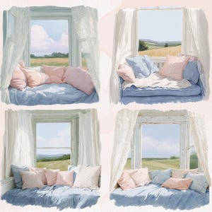 Puede incluir: Cuatro pinturas de acuarela de asientos de ventana con vistas a campos y cielo. Cada escena presenta un coj&iacute;n azul, almohadas rosas y azules y cortinas de encaje blanco. Las ventanas est&aacute;n enmarcadas en blanco.