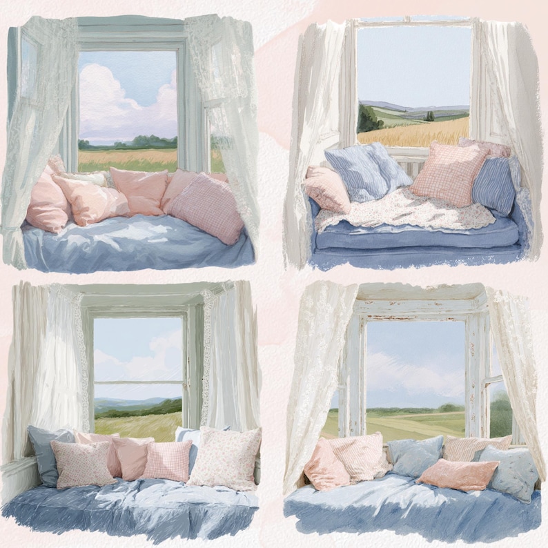 Puede incluir: Cuatro pinturas de acuarela de asientos de ventana con vistas a campos y cielo. Cada escena presenta un coj&iacute;n azul, almohadas rosas y azules y cortinas de encaje blanco. Las ventanas est&aacute;n enmarcadas en blanco.