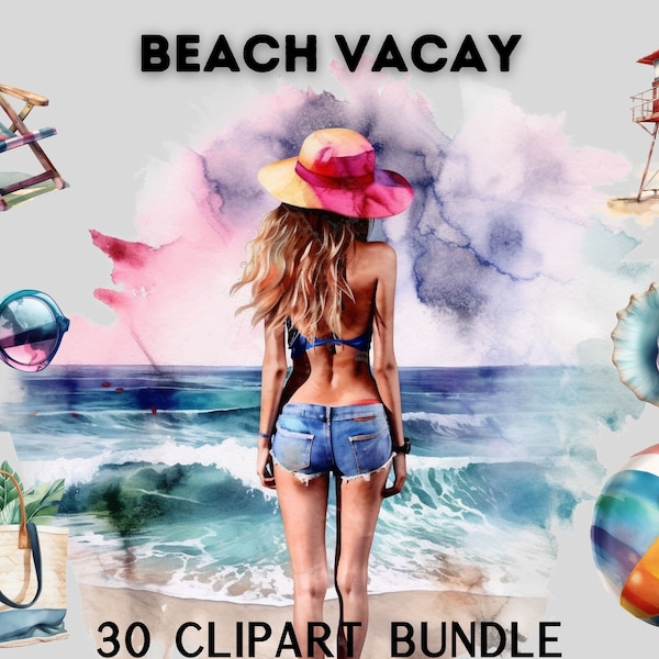 Watercolour Beach Vacation Clipart Bundle, Summer clipart, beach clipart, waves, surfing, holidays, tropical clipart