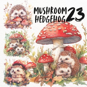 Conjunto de imágenes prediseñadas de erizo y hongos, pegatinas PNG de animales, conjunto de paisajes, descarga digital, notas de bosque, manualidades de papel de naturaleza forestal