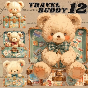 Adesivo digital de mala de viagem de urso de pelúcia fofo, pacote de clipart vintage, transparente, download instantâneo, clipart de viagens vintage,