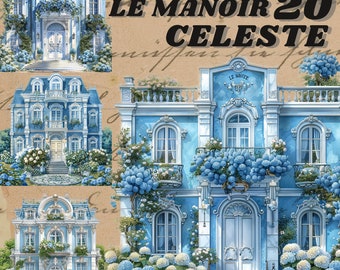 Aquarel romantische blauwe regentschap manor digitale sticker, clipart bundel, romantische leeshoek png, Victoriaanse architectuur scrapbooking
