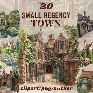 Könnte beinhalten: Eine digitale Illustration einer kleinen Stadt mit Backsteingebäuden, grünen Bäumen und einem steinernen Tor. Der Text "20 SMALL REGENCY TOWN" befindet sich oben im Bild. Der Text "clipart/png/sucker" befindet sich unten im Bild.