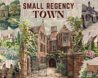 Paquete de imágenes prediseñadas de ciudad de estilo regencia vintage, calcomanía digital de arquitectura vintage, ciudad victoriana png, álbum de recortes, imágenes prediseñadas de viajes, transparente