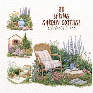 May include: A set of 20 watercolor illustrations featuring a cottage garden with a wicker chair, a teapot, flowers, and a small cottage. The illustrations are perfect for creating cards, invitations, and other paper crafts.