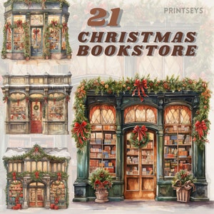 Paquete de imágenes prediseñadas de librería de Navidad, librería, ilustración de tienda de acuarela, librería linda, acogedora, png de tendencia, uso comercial, scrapbooking