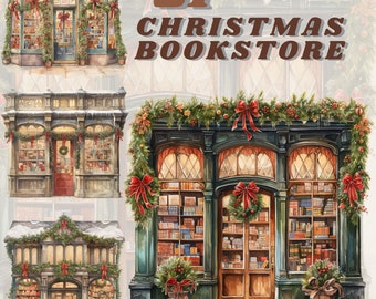 Christmas Bookstore Clipart Bundle, book shop , watercolour shop illustration, cute bookstore, cozy ,trend png, commercial use, scrapbooking