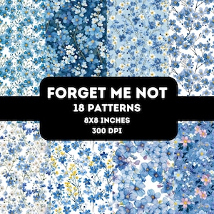Peut inclure: Un pack de papier numérique avec 18 motifs différents représentant des fleurs bleues de myosotis sur un fond blanc. Les motifs mesurent 8x8 pouces et 300 DPI.