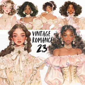 Vintage Coquette Girls digitale stickers set, aquarel cottagecore clipart, goodnotes stickers, png, bundel vrouwelijke digitale journaling