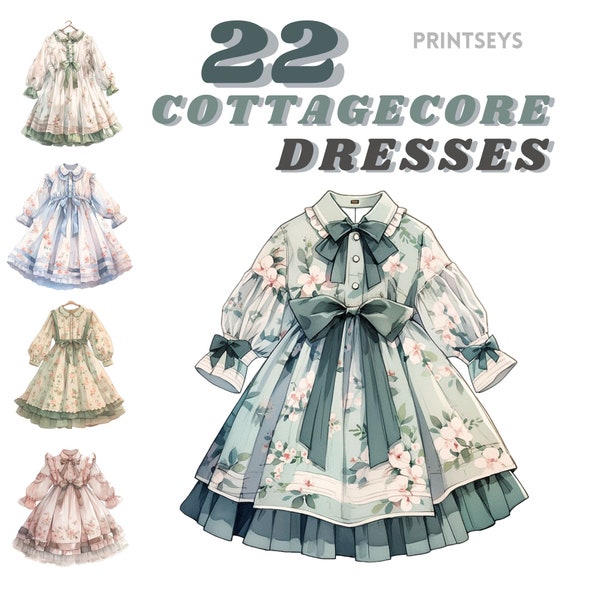 Cute Vintage Cottagecore dresses clipart bundle, cottagecore fashion, vintage dresses, floral dresses, instant download, transparent, rustic