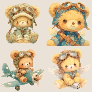 Söt vintage nallebjörn pilot digitalt klistermärke, vintage flygplan clipart paket, transparent clipart, omedelbar nedladdning, vintage nalle leksaksflygplan bild 3