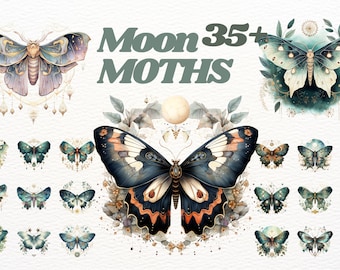 Watercolour Mystical Moon  Moth clipart bundle, Wiccan png, moth , mystical clipart, witchcraft png clipart, pagan clipart, butterfly bundle