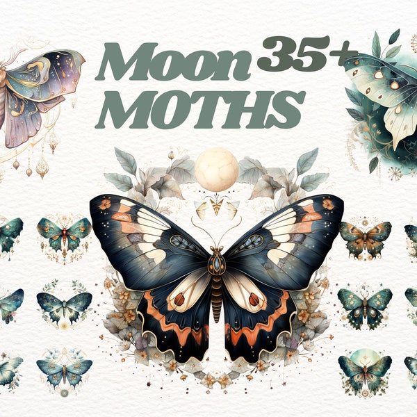 Watercolour Mystical Moon  Moth clipart bundle, Wiccan png, moth , mystical clipart, witchcraft png clipart, pagan clipart, butterfly bundle