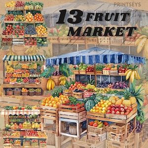 Aquarel fruitboeren markt clipart bundel, gezond eten clipart, groenten clipart, winkel clipart, scrapbooking, digitale sticker