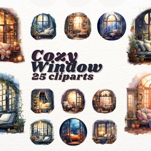 May include: A set of 25 digital clipart images featuring cozy window scenes. Each image depicts a window with a view of a forest, a cityscape, or a starry night sky. The windows are decorated with curtains, plants, and other details. The images are perfect for creating digital scrapbooking projects, greeting cards, and other crafts.