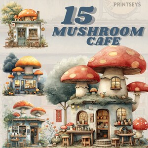 Aquarel Mushroom café clipart bundel, vintage winkel, gezellig café, digitale stickers, restaurant png, commercieel, journaling, cottagecore