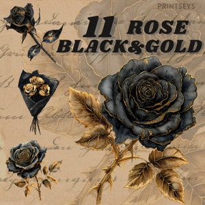Gotische zwarte en gouden roos digitale sticker, aquarel roos clipart, roos illustratie, bloemen clipart, aquarel bloem clipart,