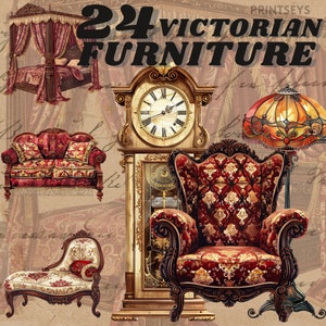 Op de afbeelding: Een verzameling Victoriaanse meubels, waaronder een hemelbed met rode fluwelen gordijnen, een rode fluwelen bank, een chaise longue, een grote staande klok met een wijzerplaat met Romeinse cijfers en een rode fluwelen fauteuil met sierlijke houtsnijwerk.