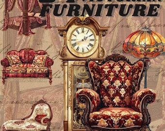 Victorian Damask furniture digital sticker, vintage furniture clipart bundle,  regency png, bookworm clipart, vintage , scrapbooking