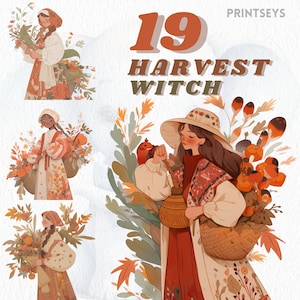 Melhor pacote de clipart Autumn Harvest Witch, clipart de Halloween, transparente, download instantâneo, outono aconchegante, bruxas fofas, wiccan, oculto, png