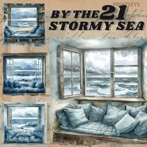 Acquerello degli adesivi digitali Windows del mare tempestoso, pacchetto di clipart, temporale estivo png, diario, scrapbooking, commerciale