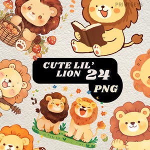 Stickers numériques lions kawaii mignons, bébé lion png, png lion, clipart mignon animaux safari, lot de clipart animaux mignon jungle, commercial