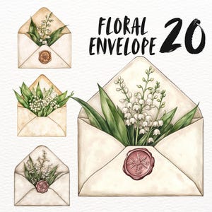 Muguet dans l'enveloppe Clipart, enveloppe florale, clipart aquarelle imprimable, fichiers JPG de haute qualité, téléchargement numérique, créations en papier