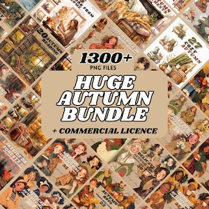 May include: A collage of 1300+ autumn-themed illustrations featuring cozy scenes, nature, and people. The illustrations are in a vintage style with warm colors and a rustic feel. The text "HUGE AUTUMN BUNDLE + COMMERCIAL LICENCE" is displayed in the center of the collage.