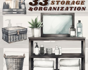 Watercolour storage and organization clipart bundle, baskets,boxes and cabinets png, cottagecore baskets, bathroom storage, scrapbooking