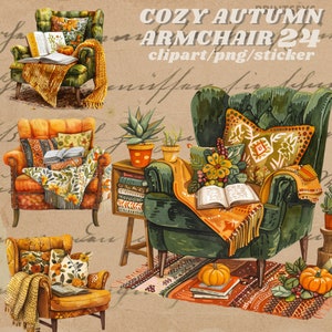 Cosy Autumn Fauteuil digitale sticker, digitale dagboekstickers, herfstjournaalkit, gezellige herfstclipart, afdrukbare scrapbooking transparant