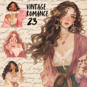 Set di adesivi digitali Vintage Coquette Girls, clipart cottagecore acquerellato, adesivi goodnotes, png, bundle di journaling digitale femminile