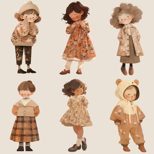 May include: Six illustrated children wearing different outfits. The children are wearing a variety of clothing styles, including dresses, coats, and sweaters. The illustrations are done in a whimsical style with soft colors and rounded features.