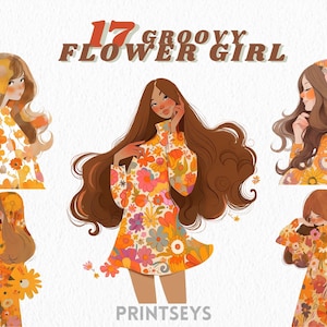 Groovy 60s Hippie Flower GIrl Clipart bundle, bright yellow clipart, floral png, fashion clipart, scrapbooking, retro fashion, vintage